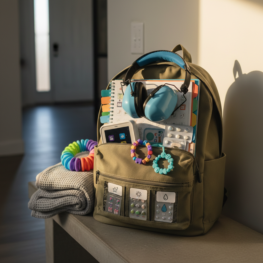 A neatly packed backpack resting on a textured gray entryway bench, unzipped to reveal a thoughtfully organized collection of special needs essentials: noise-reducing headphones with soft cushioned pads, a visual schedule booklet with color-tabbed sections, a compact communication device, chewable sensory jewelry, and a small pouch of medications labeled with clear icons. Beside the bag, a folded lightweight blanket and a collapsible travel sensory toy are ready to go. Warm, late-afternoon light falls from the side, creating a calm, reassuring glow and soft shadows. Shot in photographic realism from a slightly elevated angle with a shallow depth of field, the composition centers the backpack while the blurred hallway and front door in the background suggest readiness for inclusive family outings and everyday challenges.