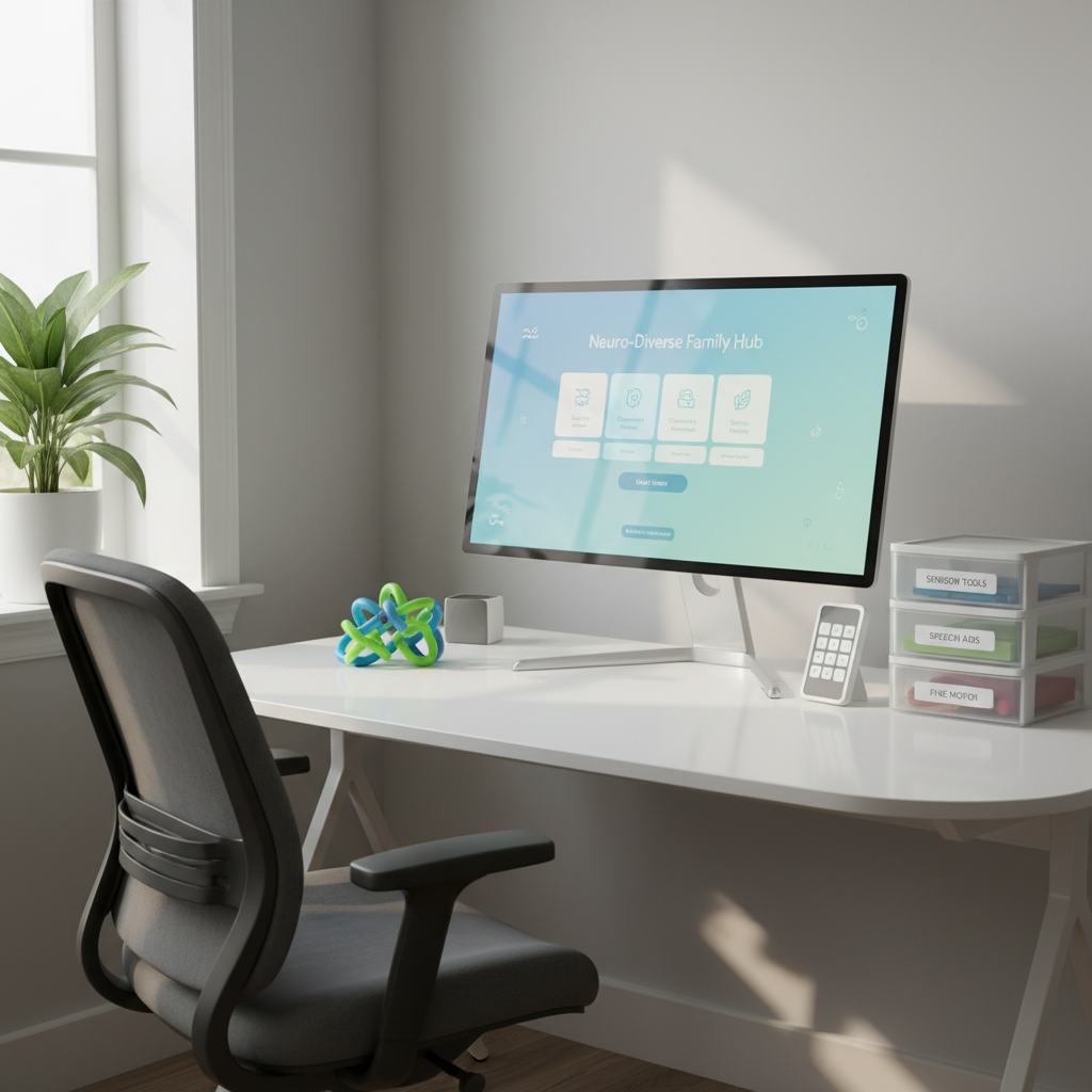 A modern home office corner dedicated to special needs parenting resources, featuring a clean white desk with rounded edges, an ergonomic chair, and a large monitor displaying a calming blue-and-green dashboard of support articles and community forums. Around the monitor, tactile fidget tools, a small communication device, and labeled storage bins for therapy materials are neatly arranged. Natural morning light streams from a nearby window, creating soft highlights on the desk surface and subtle reflections on the screen. The photographic, realistic composition is framed using the rule of thirds, with sharp focus throughout, conveying an organized, professional, and accessible space where fathers can confidently research and manage support for their children’s diverse needs.