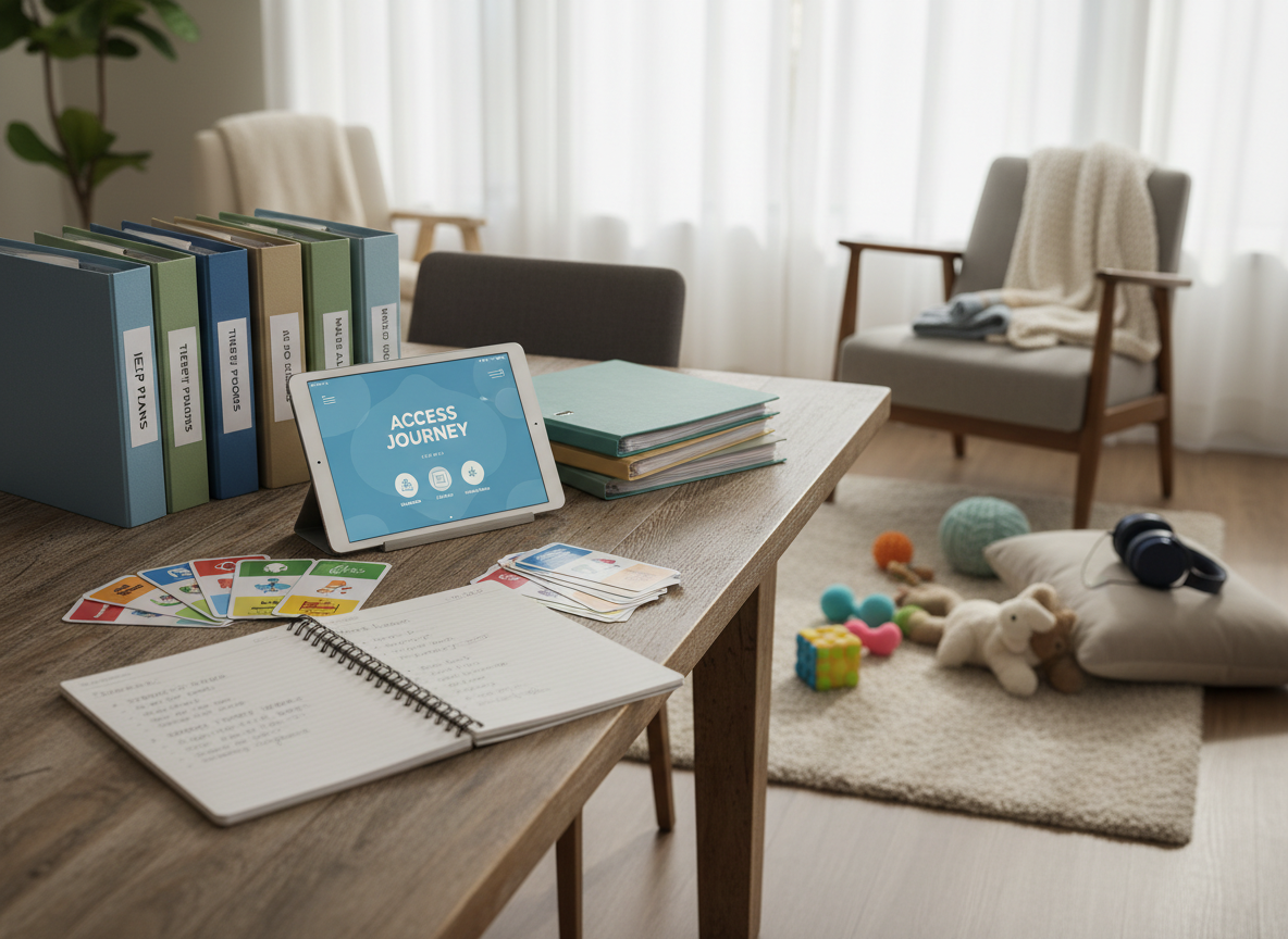 A sturdy, well-used wooden dining table transformed into a planning hub, covered with neatly stacked resource binders, colorful communication cards, a tablet displaying a calm blue accessibility app interface, and a spiral notebook open to a carefully outlined weekly therapy schedule. In the background, a cozy living room with sensory toys, soft blankets, and noise-canceling headphones rests on a plush rug. Soft afternoon light filters through sheer curtains, casting gentle, reassuring shadows across the scene. Photographic realism from an eye-level perspective, with a shallow depth of field keeping the tabletop in sharp focus and the family space slightly blurred, creating a professional yet warmly supportive atmosphere focused on organization and empowerment for special needs families.